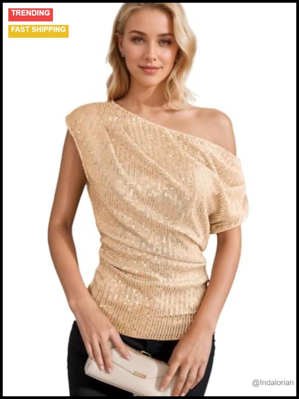 One Shoulder Sequin Evening Top Ruched Sparkly Party Shirt